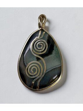 Silver Tone Agate Teardrop Pendant With Spiral Design Wire Wrap Swirl